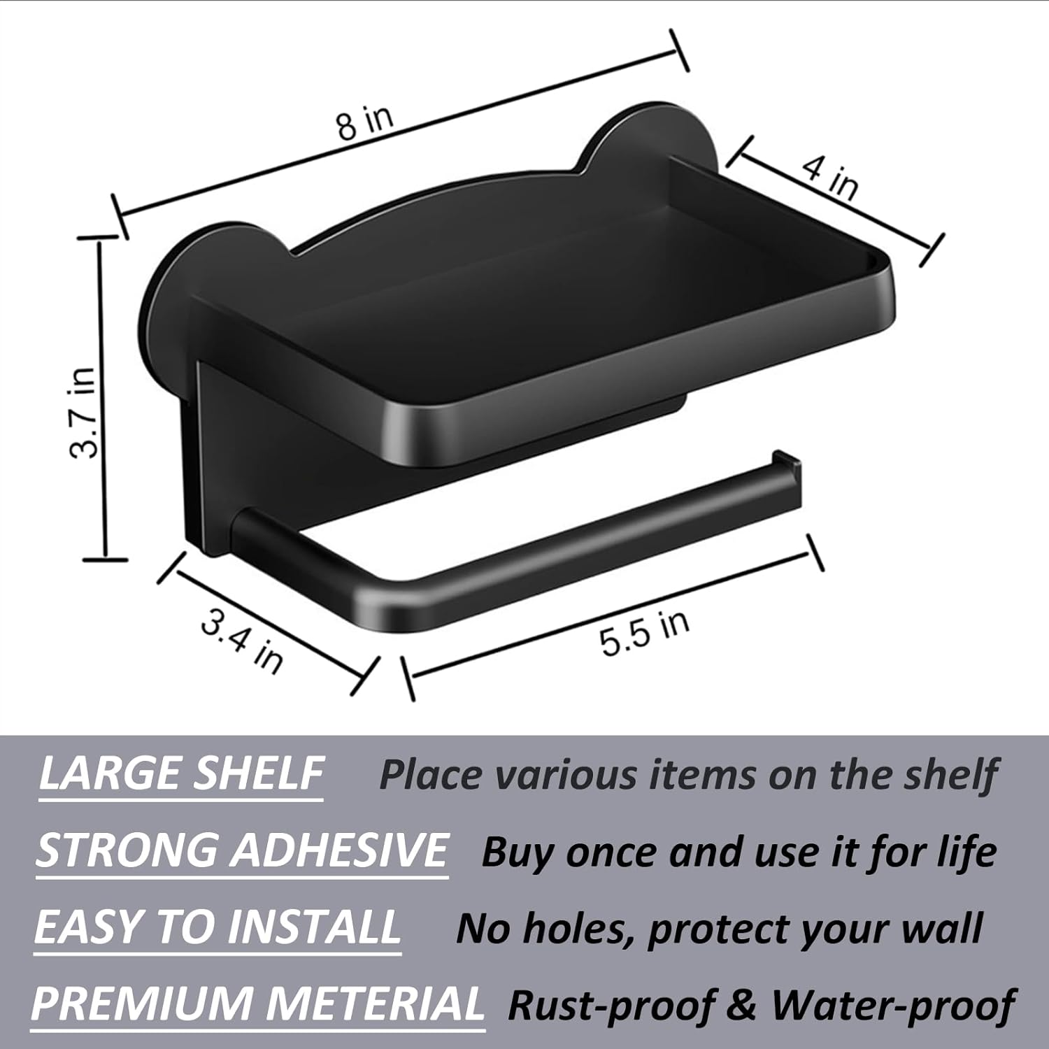 Black Toilet Paper Holder with Shelf No Drilling Rust-Proof Easy to Install