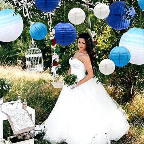 14 PCS Gradient Blue Paper Lanterns with Metal Stand