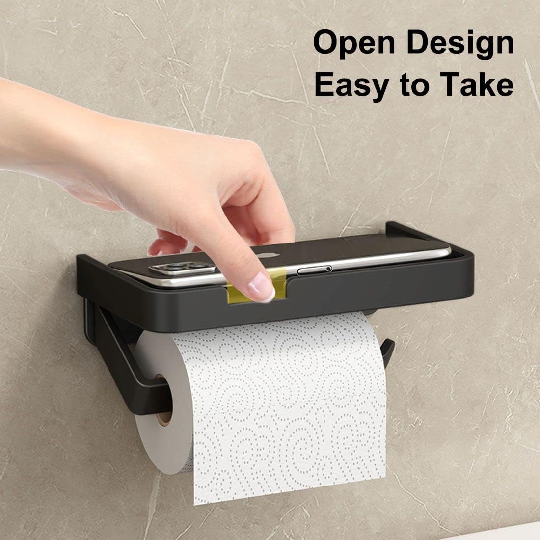 BOJOHREO Black Toilet Paper Holder with Shelf and Storage