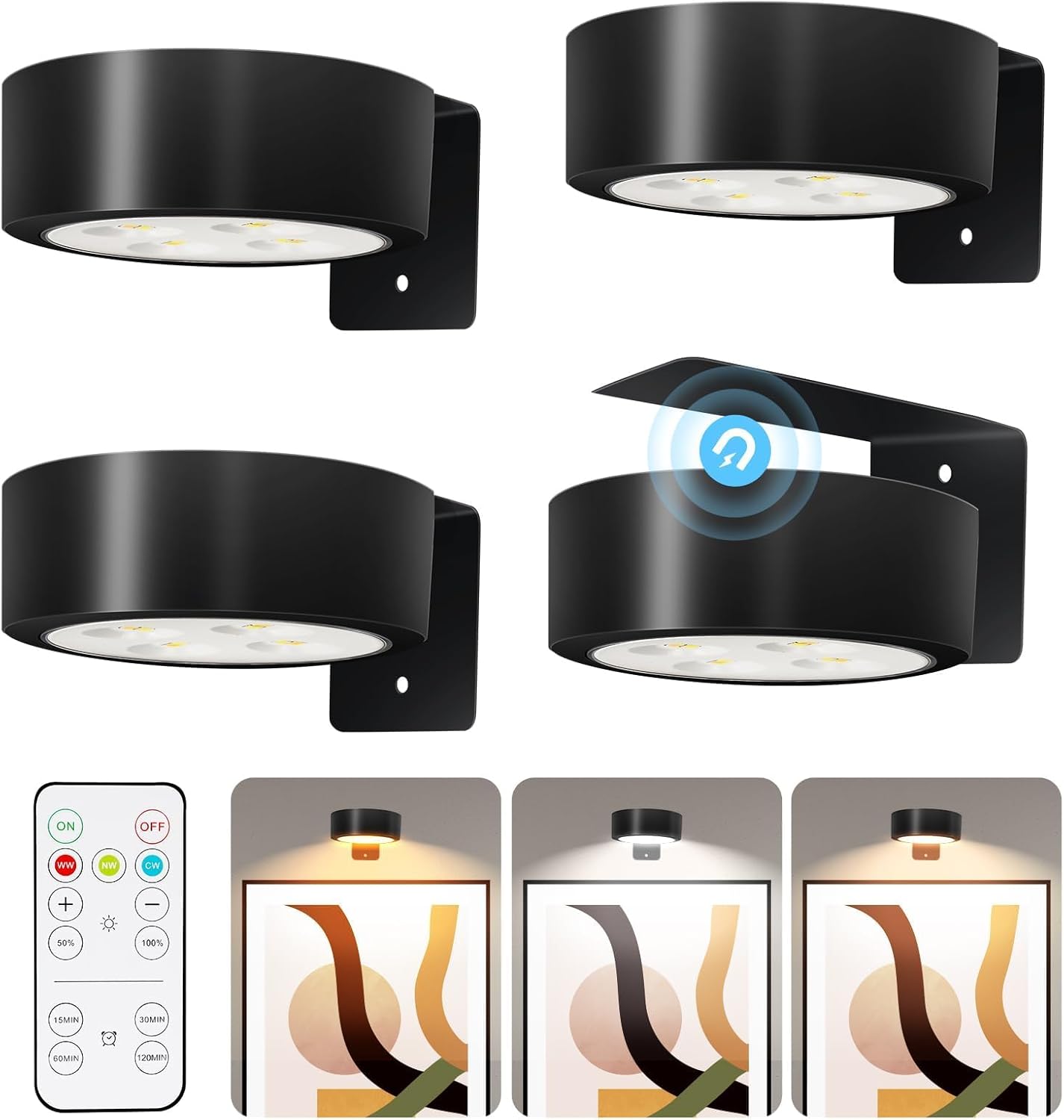 TTQ 4PCS Magnetic Wall Light with 3 Modes Dimmable