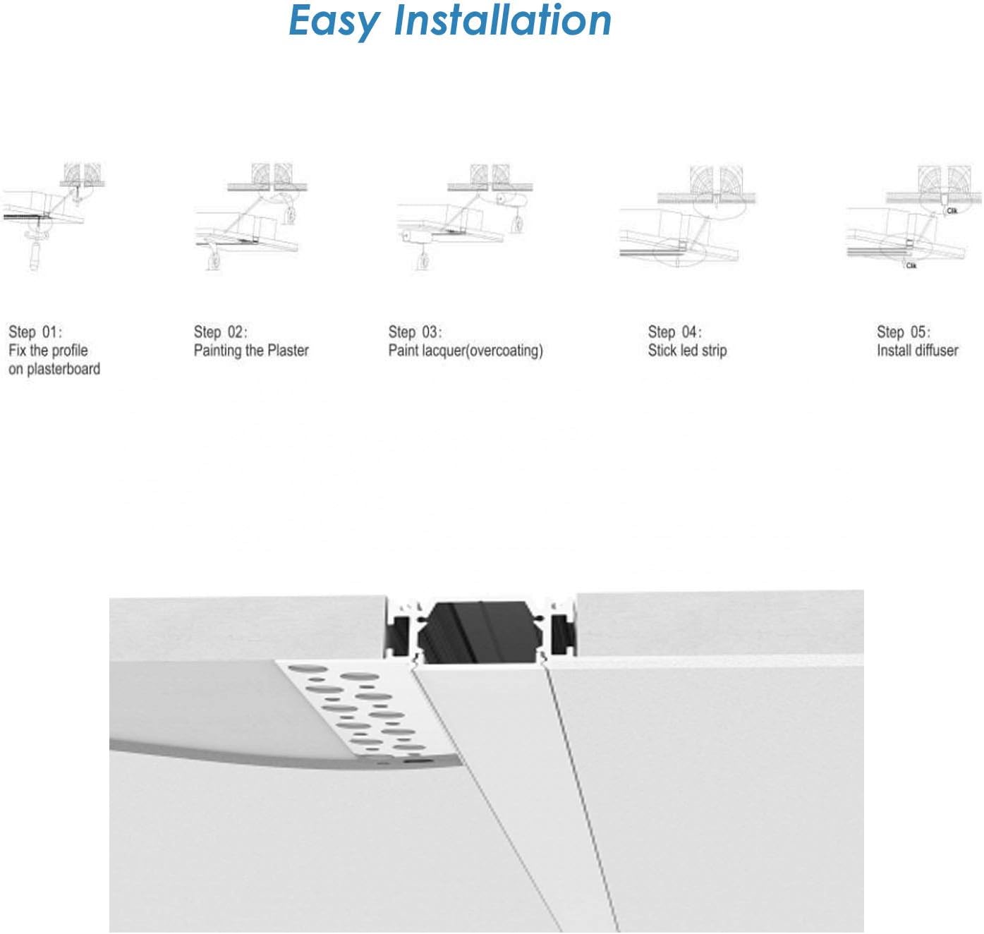 Besseto 6Pack LED Aluminum Channel with Diffuser Ends for Wall Ceiling