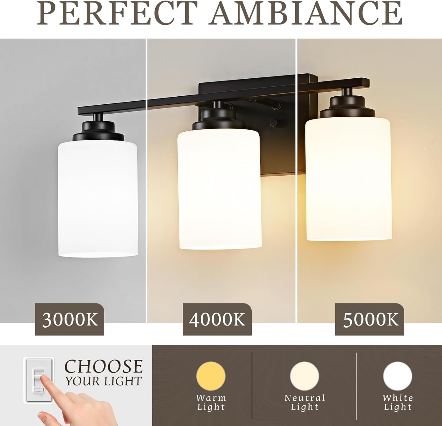 Modern Black Vanity Lights with 3-Light Milky Glass Shades