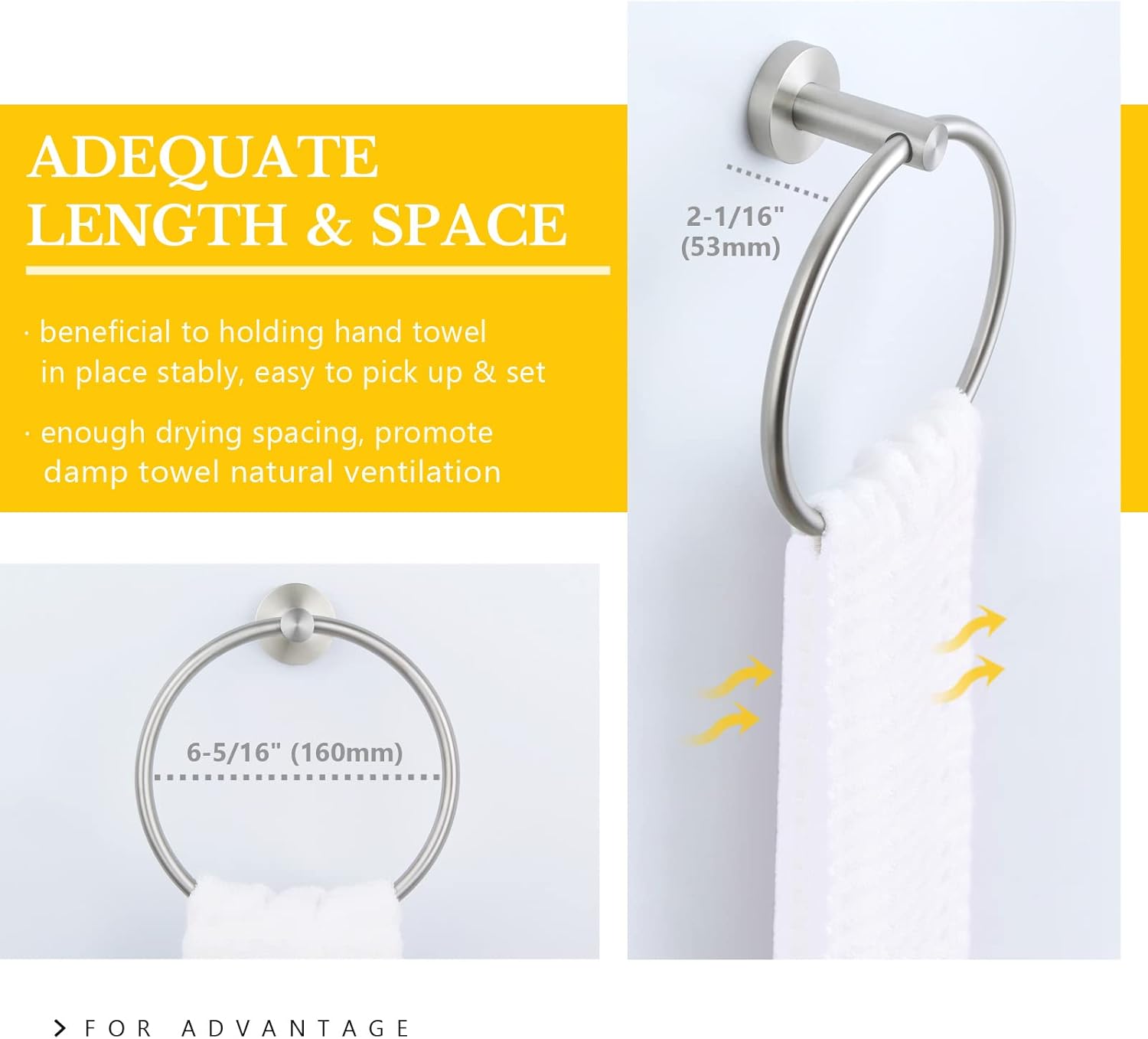 APLusee Round Towel Hook and Ring Bundle Brushed Nickel 304 Stainless Steel