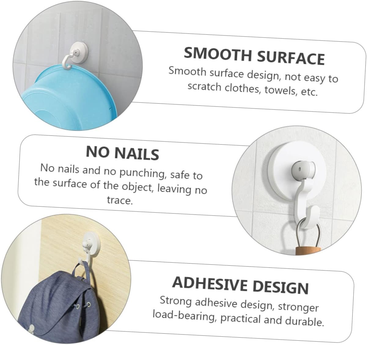 KITANDOVE 3pcs Self-Adhesive Hooks for Bathroom and Kitchen