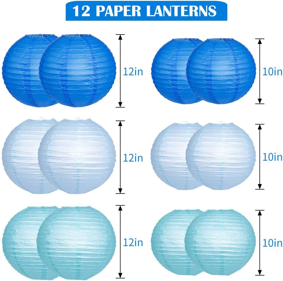 Blue Paper Lantern Set with 12 LED Lights for Parties