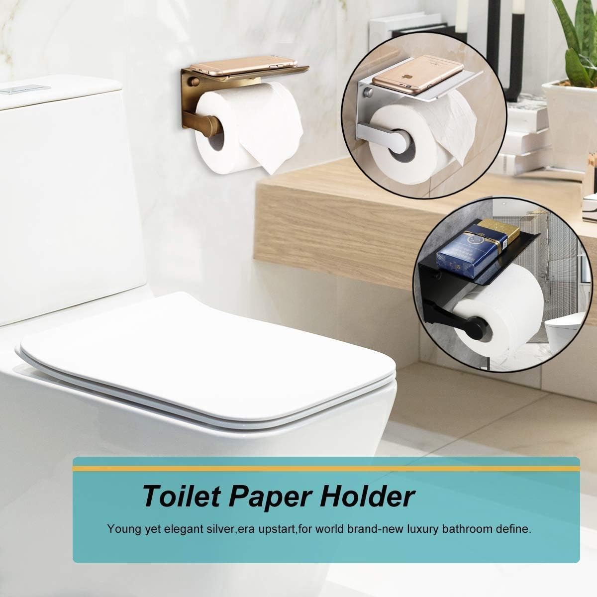 Eitonbu Toilet Paper Holder with Phone Storage - Wall Mount Silvery