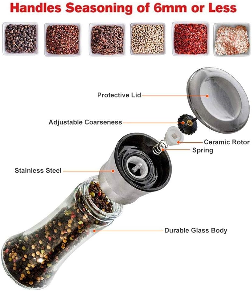 Yugefom Salt Pepper Grinder Set - Glass Stainless Steel