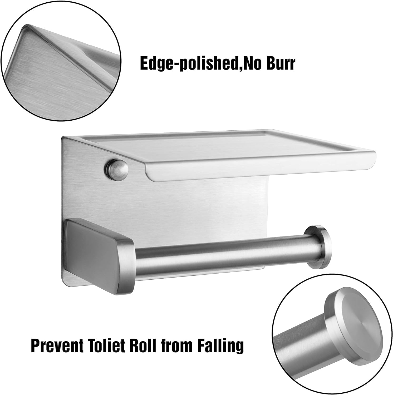 Toilet Paper Holder with Phone Shelf Wall Mount Rustproof Silver