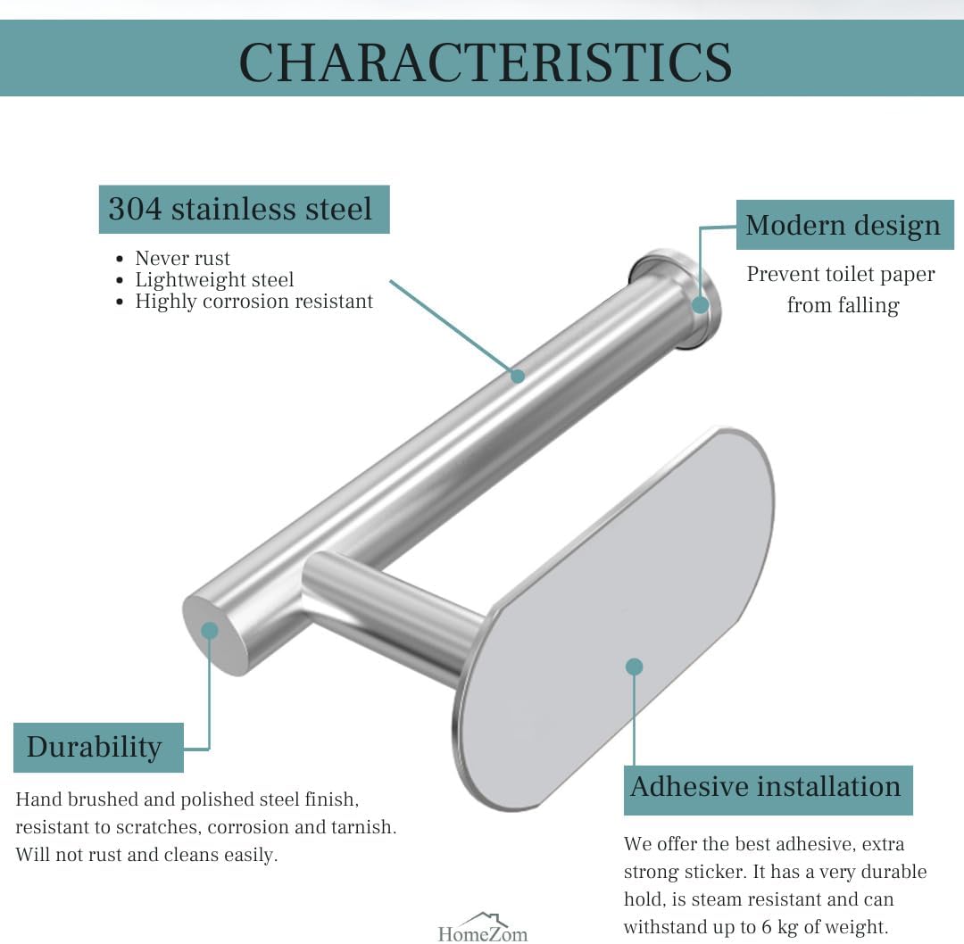 HomeZom Adhesive Toilet Paper Holder - Brushed Steel No Drilling Extra Strong