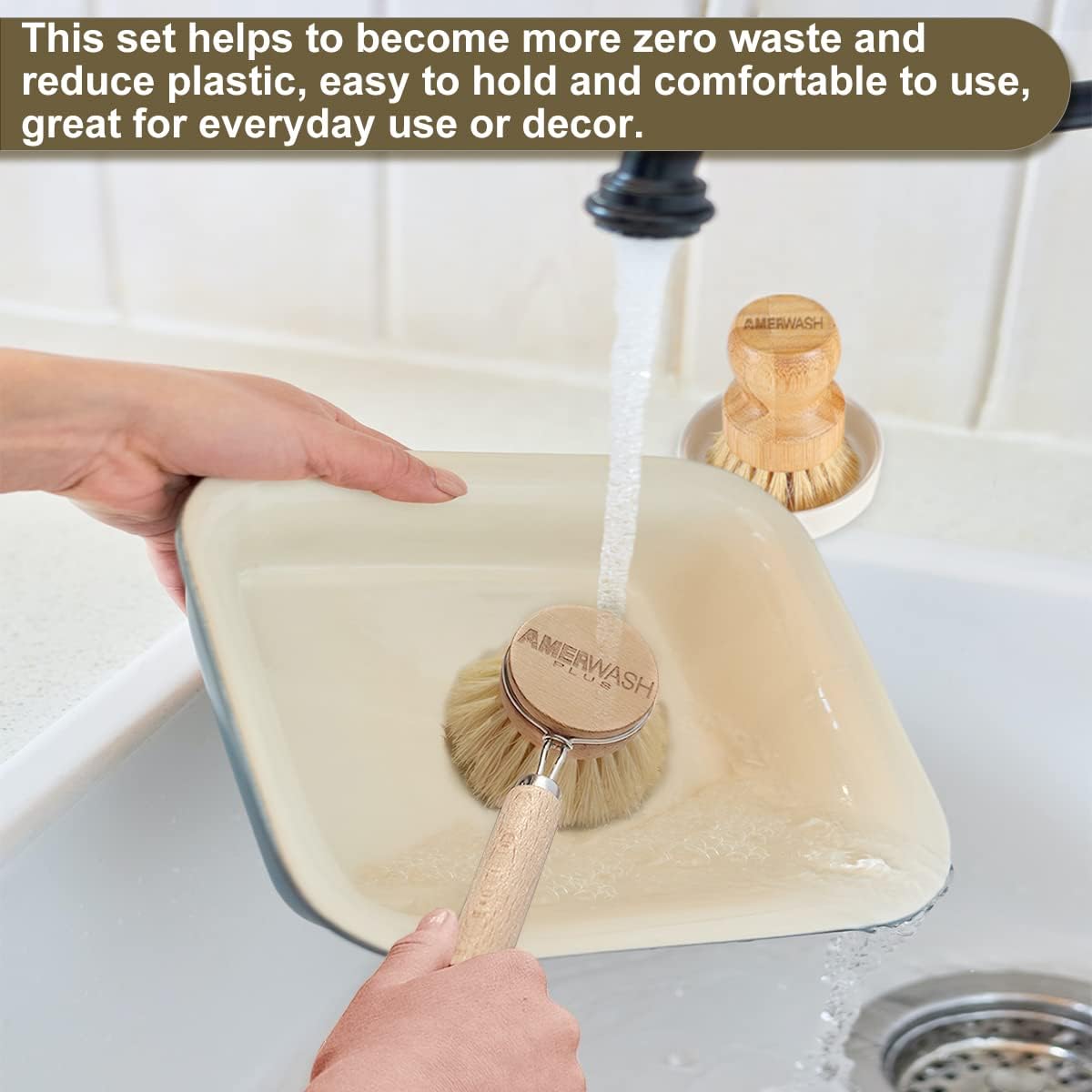 AMERWASH PLUS Brush Set - Bamboo Natural Bristles for Kitchen Cleaning