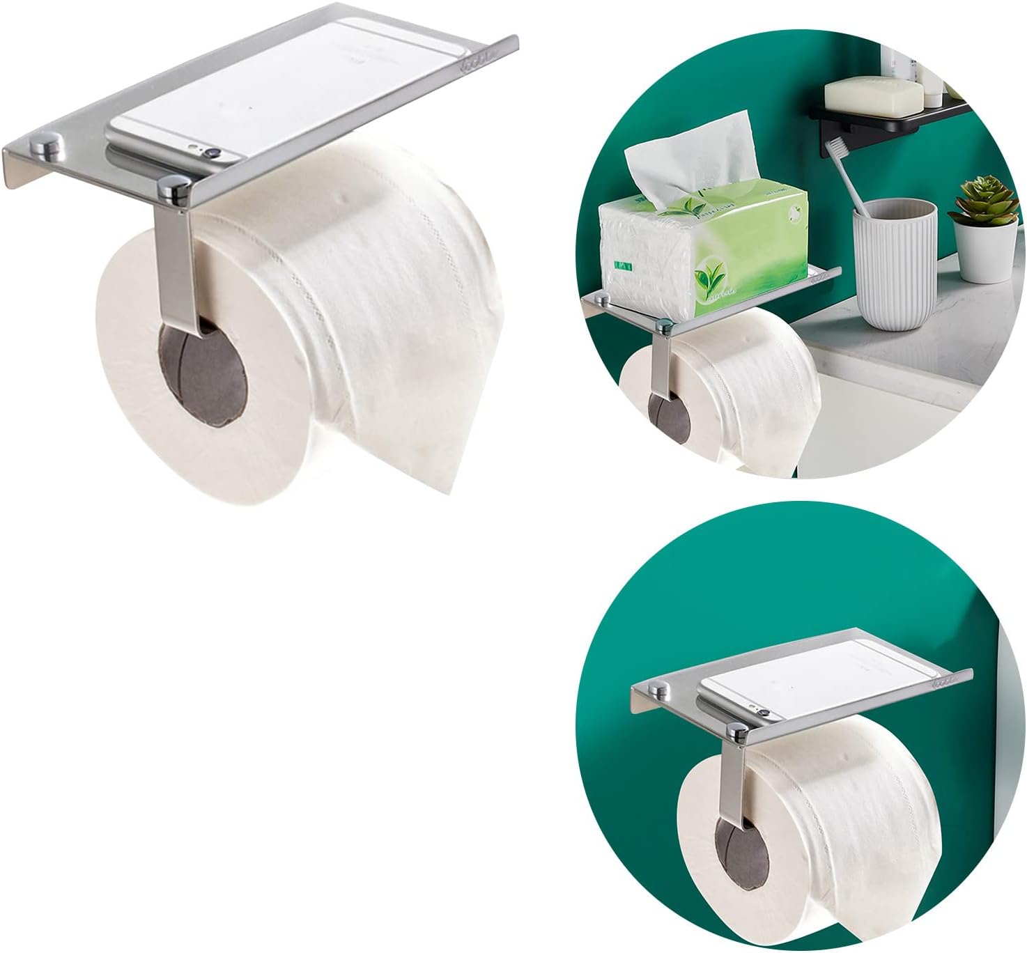 YIWULA Toilet Paper Holder with Phone Shelf Wall-Mounted Bath Accessory Silver