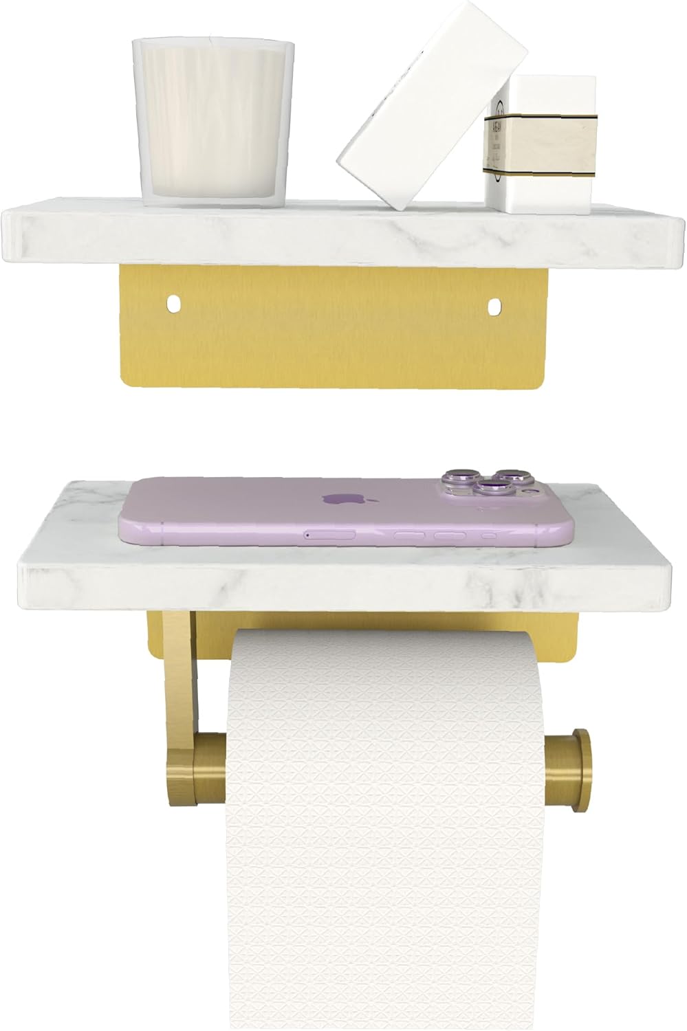 Mega Handles Gold Toilet Paper Holder with Extra Shelf
