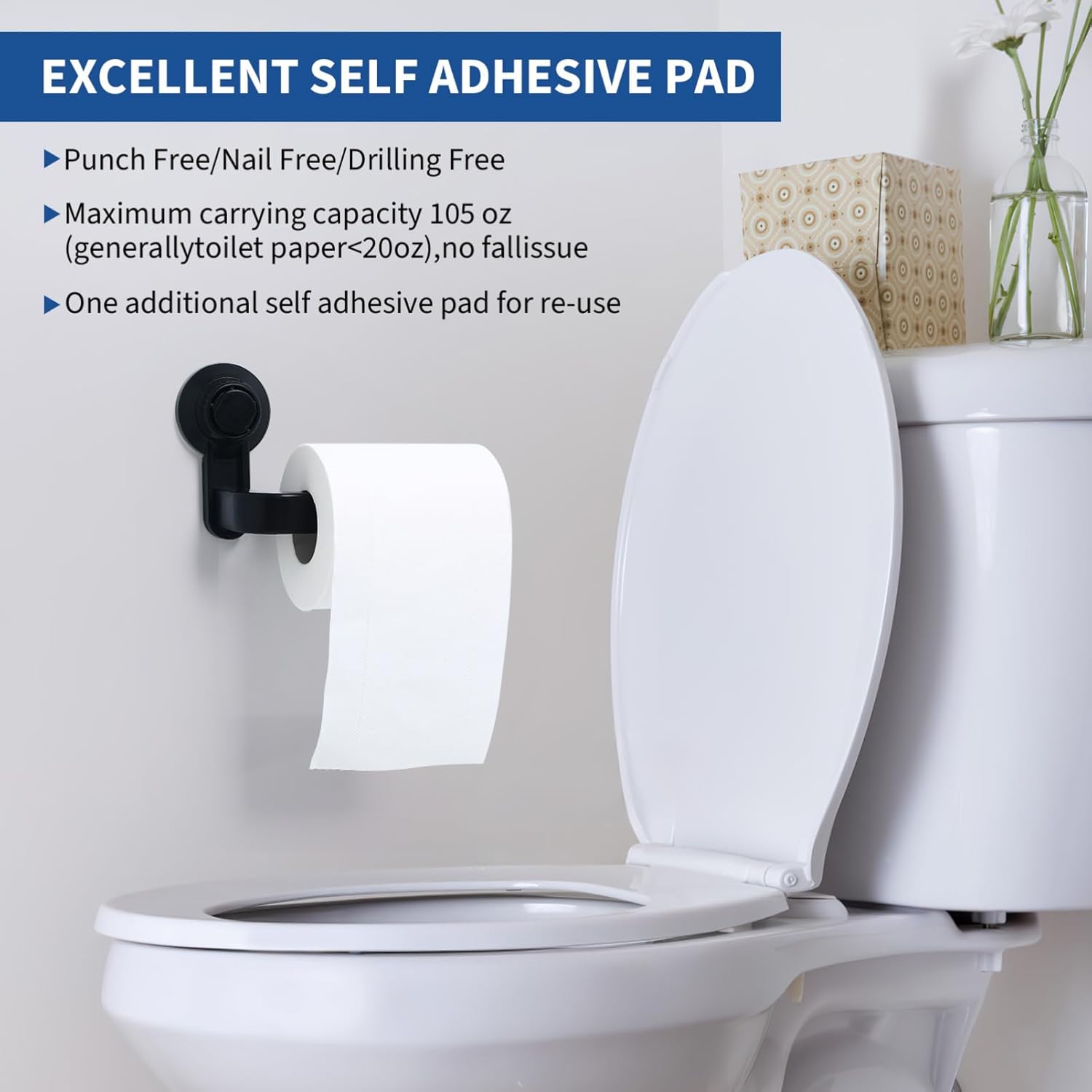 Tofficu Suction Cup Toilet Paper Holder Wall Mount Matte Black