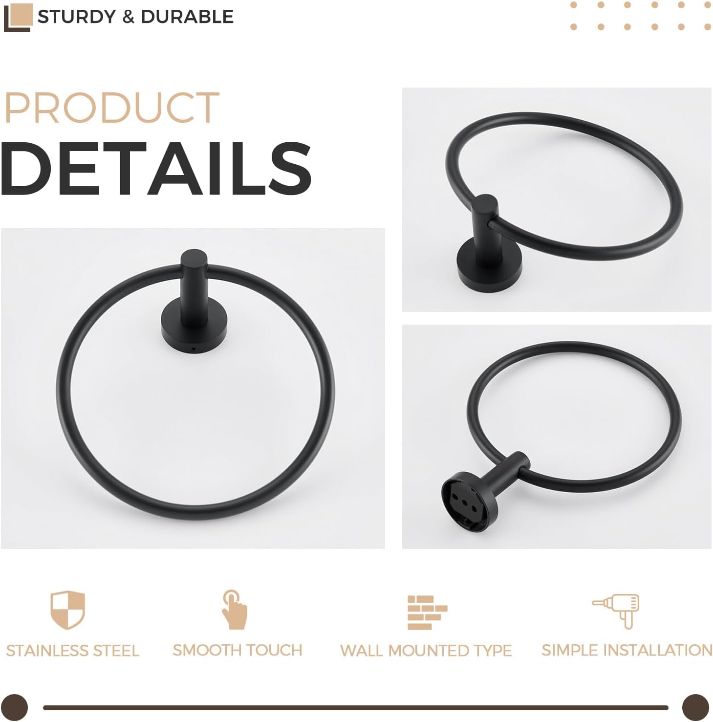 APLusee Matte Black Towel Hook and Ring Set 1
