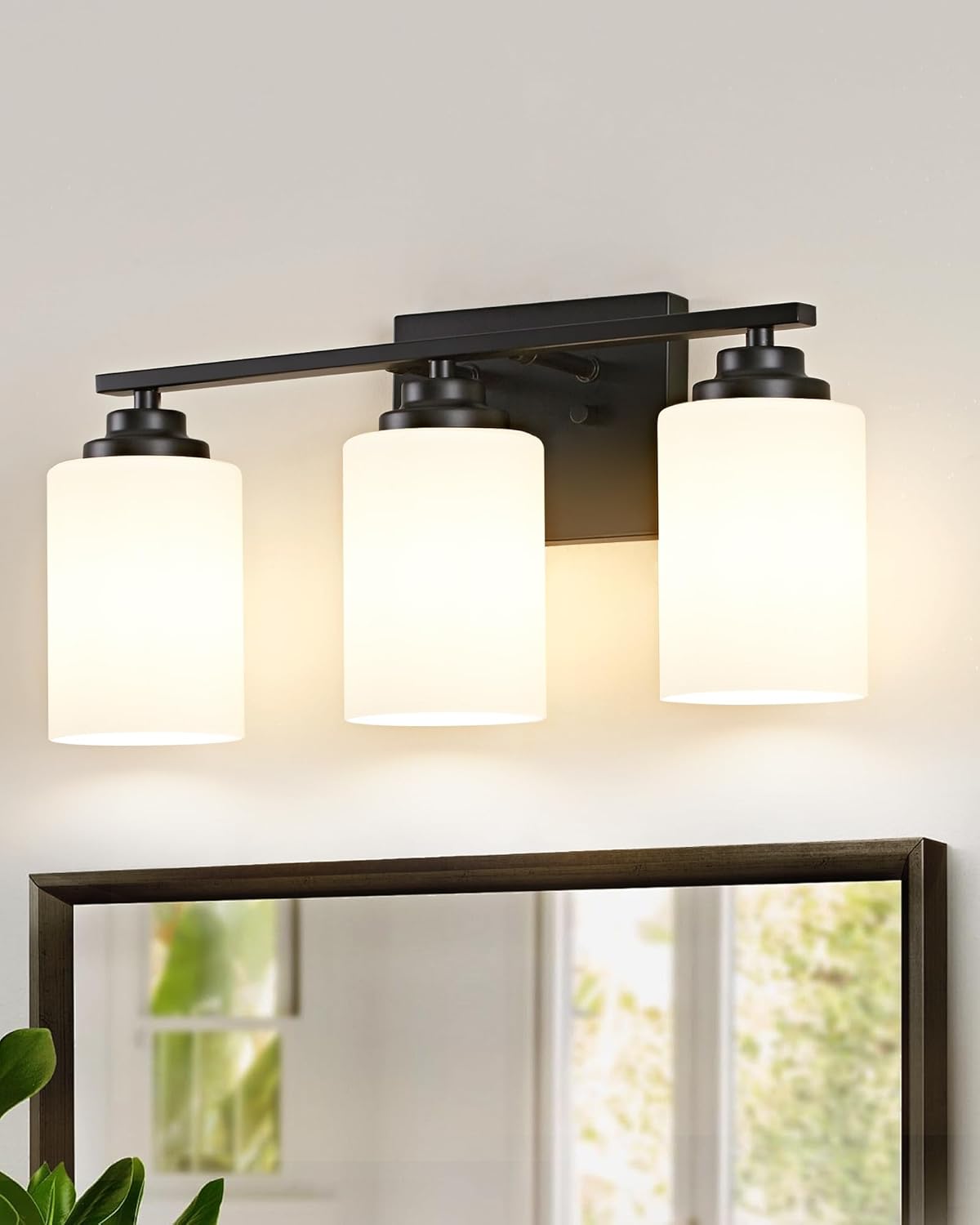 Modern Black Vanity Lights with 3-Light Milky Glass Shades