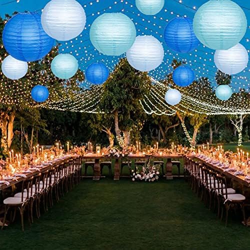 Blue Paper Lantern Set with 12 LED Lights for Parties