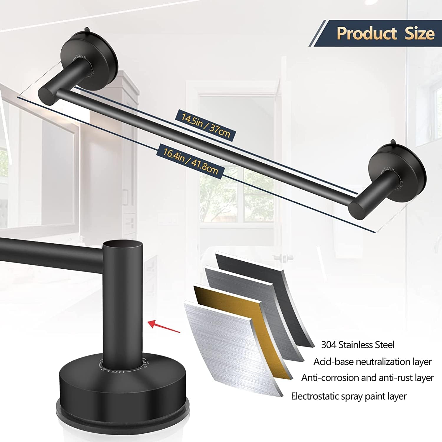DGYB Suction Cup Towel Bar Set of 2 Matte Black