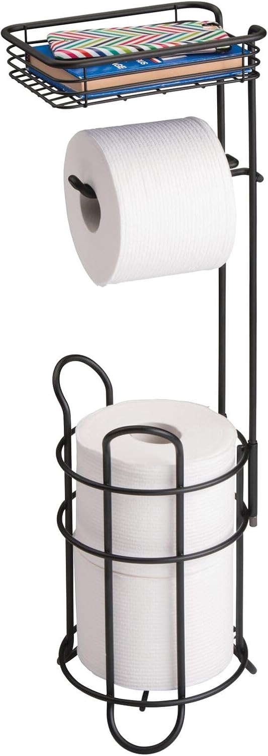 mDesign Steel Toilet Paper Holder with Storage Shelf - Matte Black