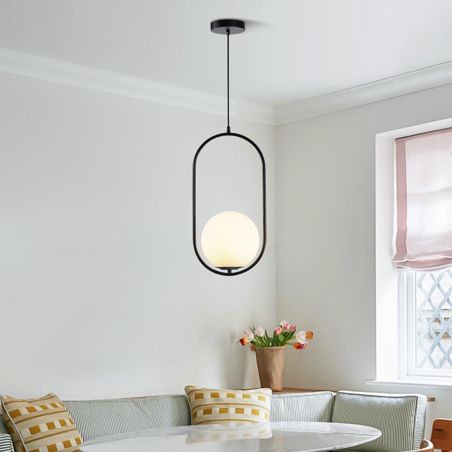 Modern Matte Black Pendant Light with White Glass Shade