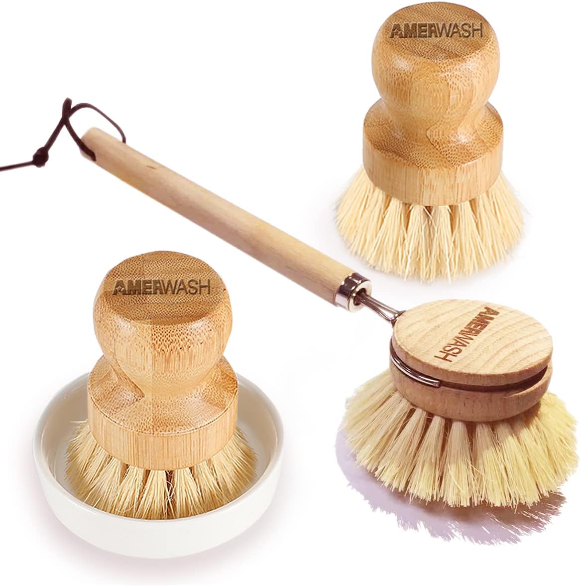 AMERWASH PLUS Brush Set - Bamboo Natural Bristles for Kitchen Cleaning