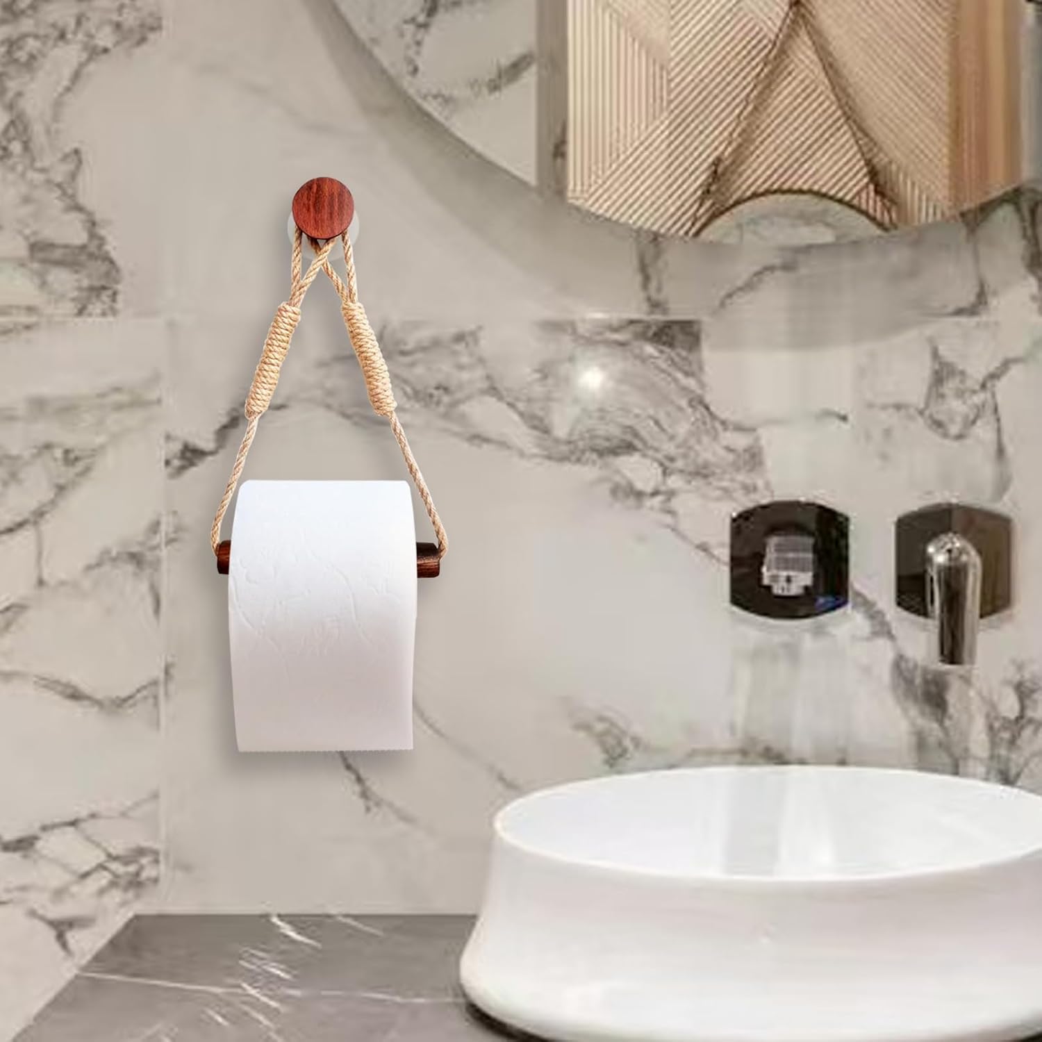 Boho Paper Towel Holder with Jute Rope and Beech Wood 1