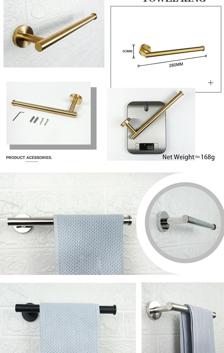 UTILES Brushed Gold Stainless Steel Round Towel Bar