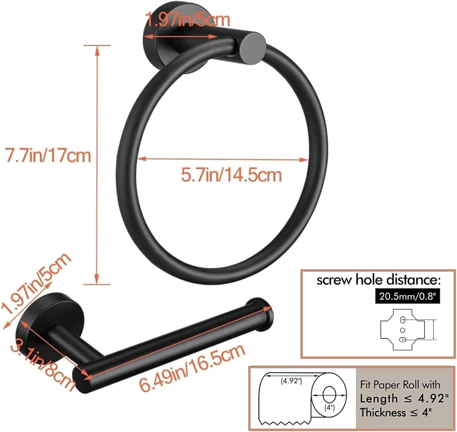 Stainless Steel Toilet Paper Holder and Towel Ring Set Matte Black