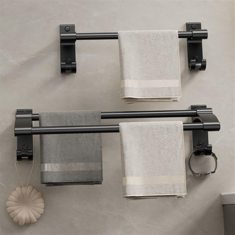 Thick Aluminum Towel Bar with 2 Rods and Hooks Wall Mounted No Drilling