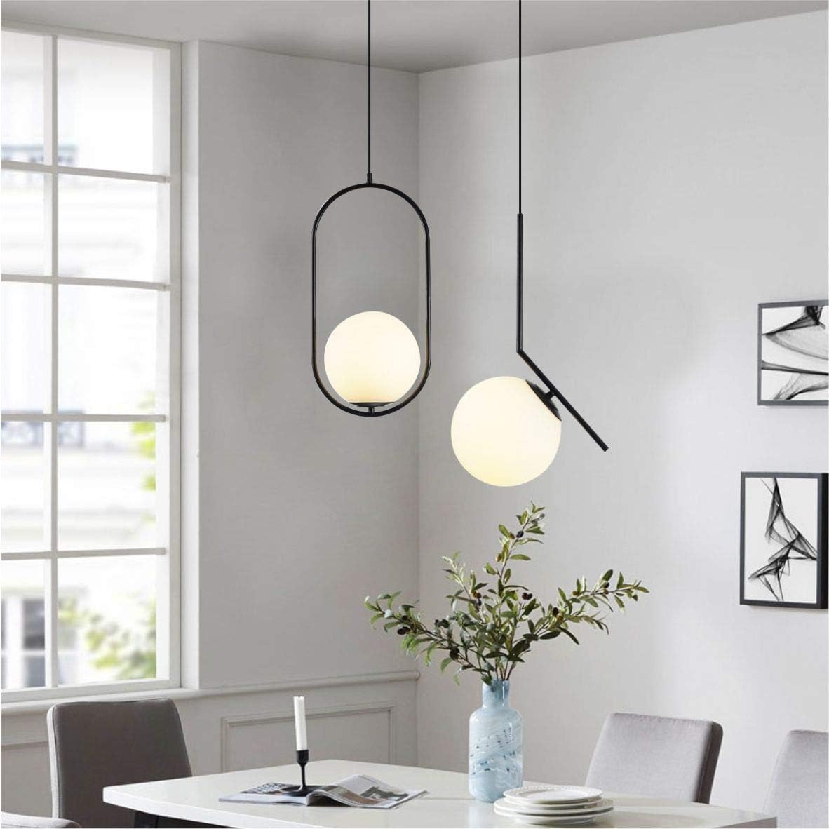 Modern Matte Black Pendant Light with White Glass Shade