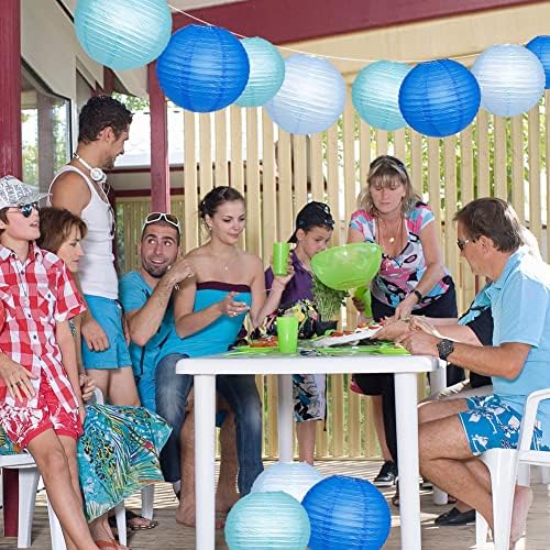 Blue Paper Lantern Set with 12 LED Lights for Parties