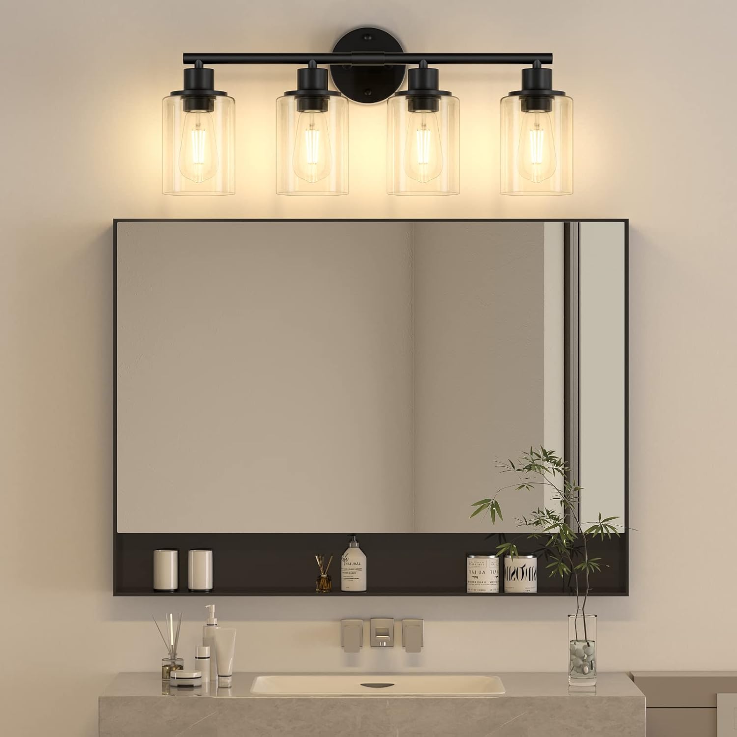 Licperron 4-Light Black Vanity Wall Light with Clear Glass Shade 1