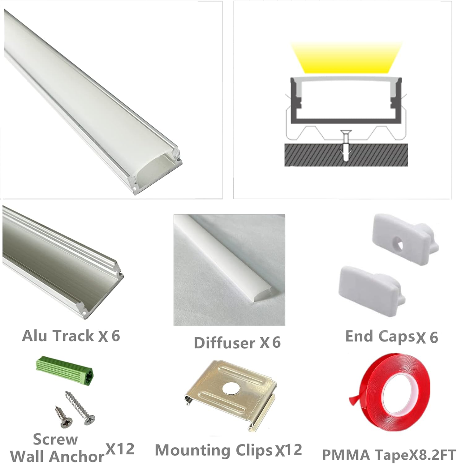 LED Strip U Channel Diffuser 6-Pack with 1FT Aluminum Track