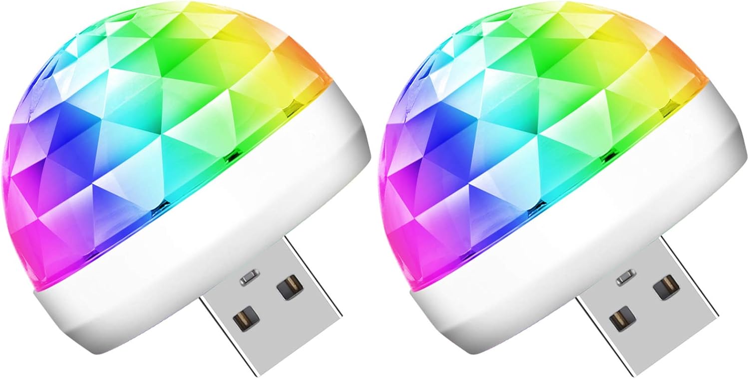 USB Mini Disco Ball Lights with 3 Adapters 2 Packs