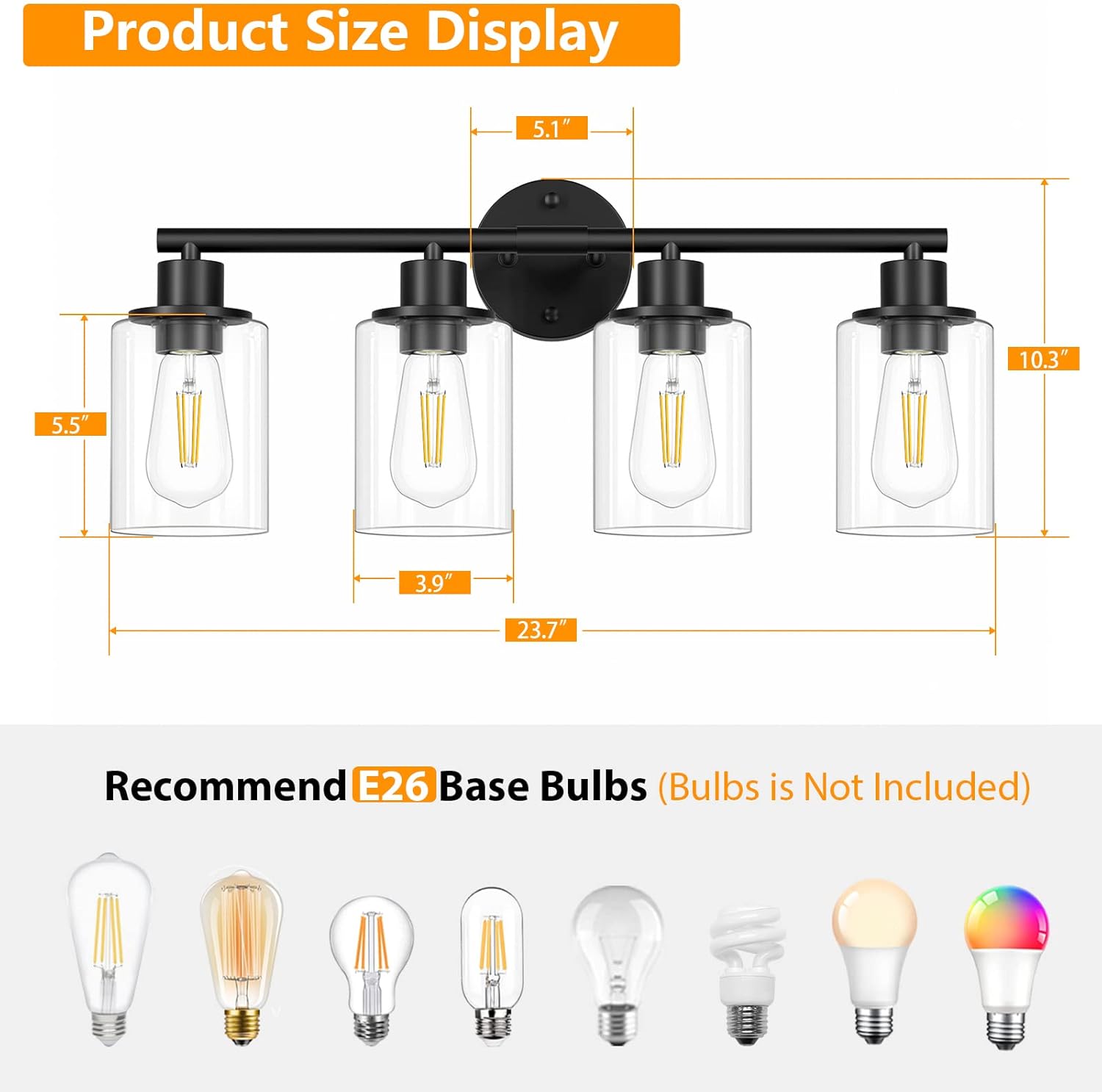 Licperron 4-Light Black Vanity Wall Light with Clear Glass Shade 1