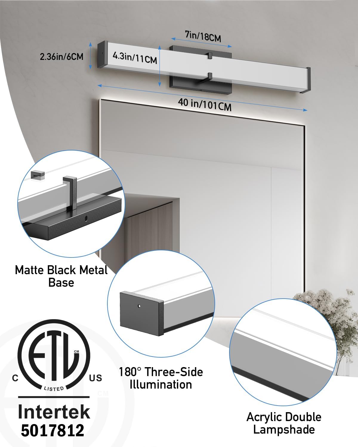 Modern 40W LED Vanity Light Over Mirror Matte Black Dimmable Bathroom Fixture