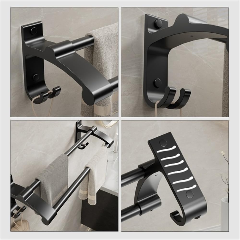 Thick Aluminum Towel Bar with 2 Rods and Hooks Wall Mounted No Drilling