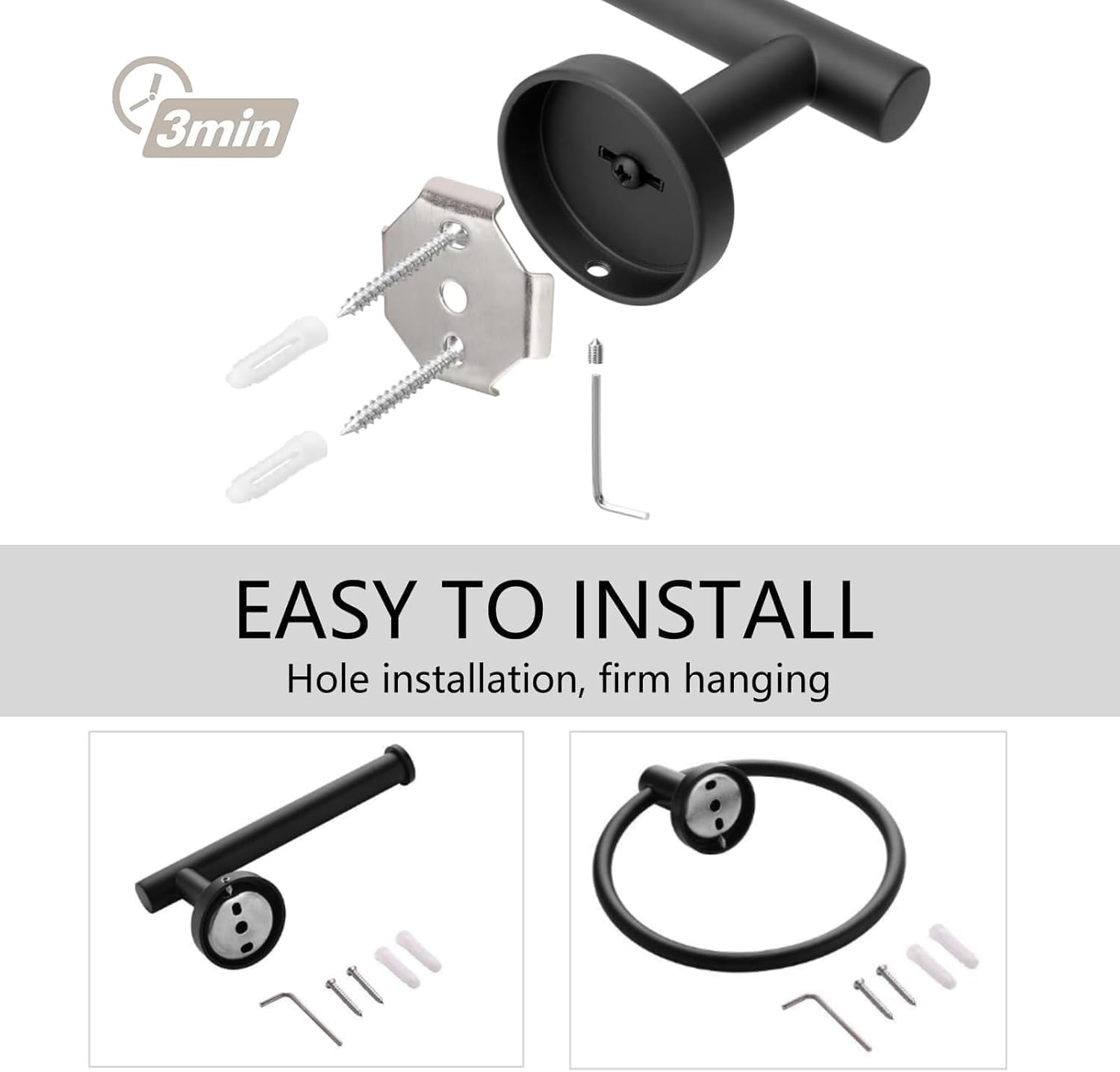Stainless Steel Toilet Paper Holder and Towel Ring Set Matte Black