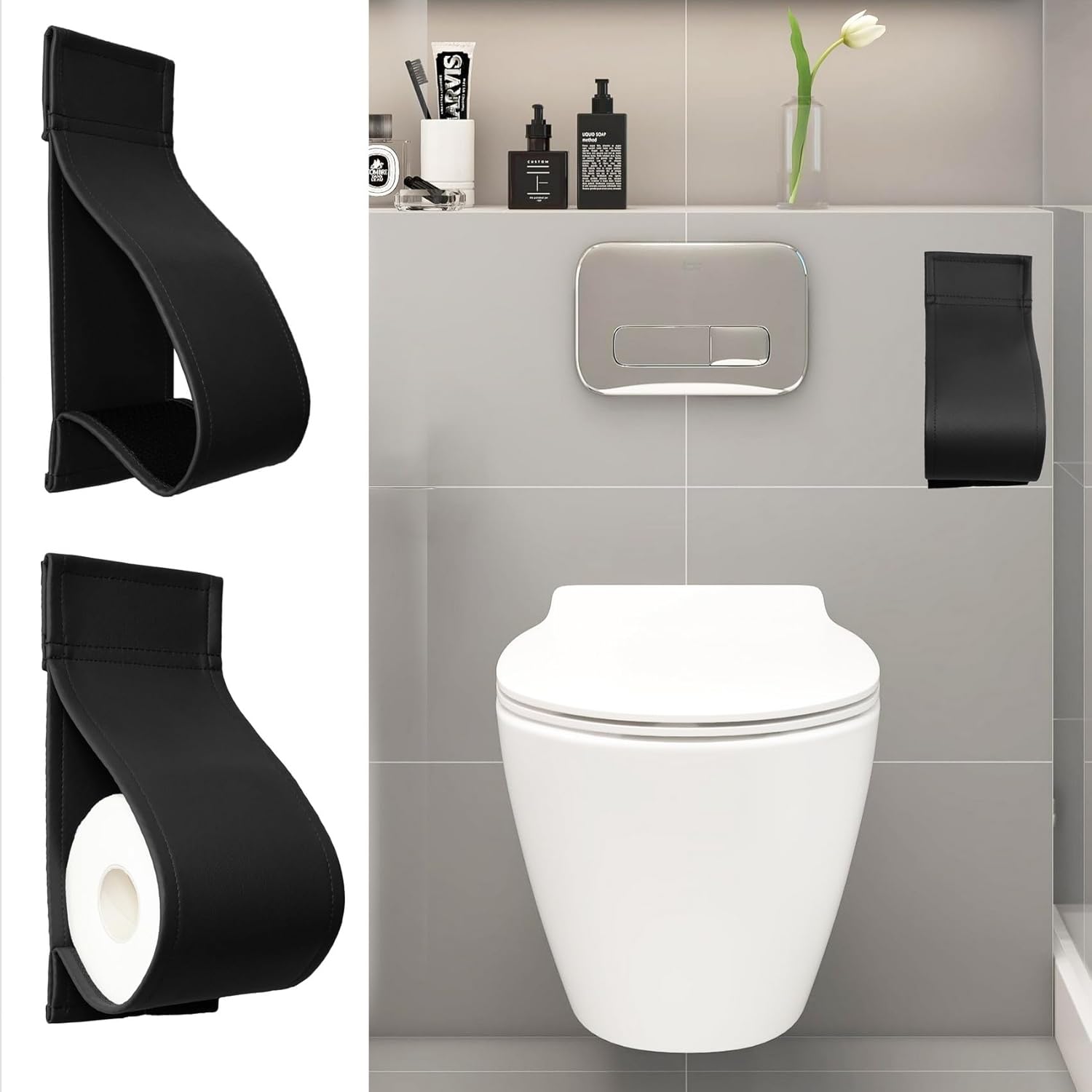 AmazeCov Leather Toilet Paper Holder No-Drill Wall Mount Black