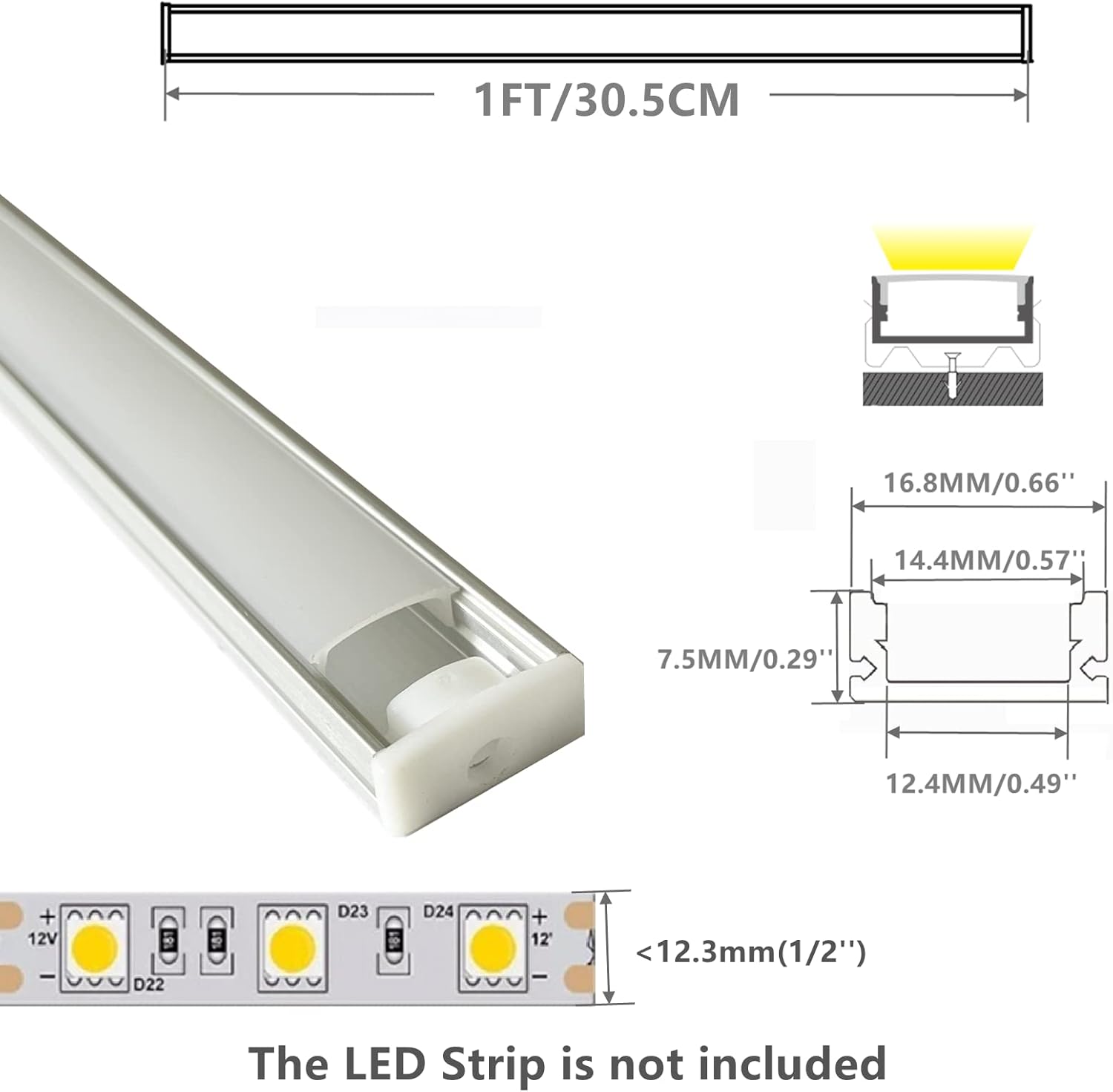LED Strip U Channel Diffuser 6-Pack with 1FT Aluminum Track