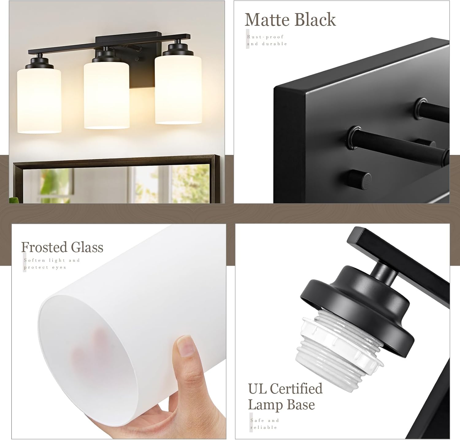 Modern Black Vanity Lights with 3-Light Milky Glass Shades
