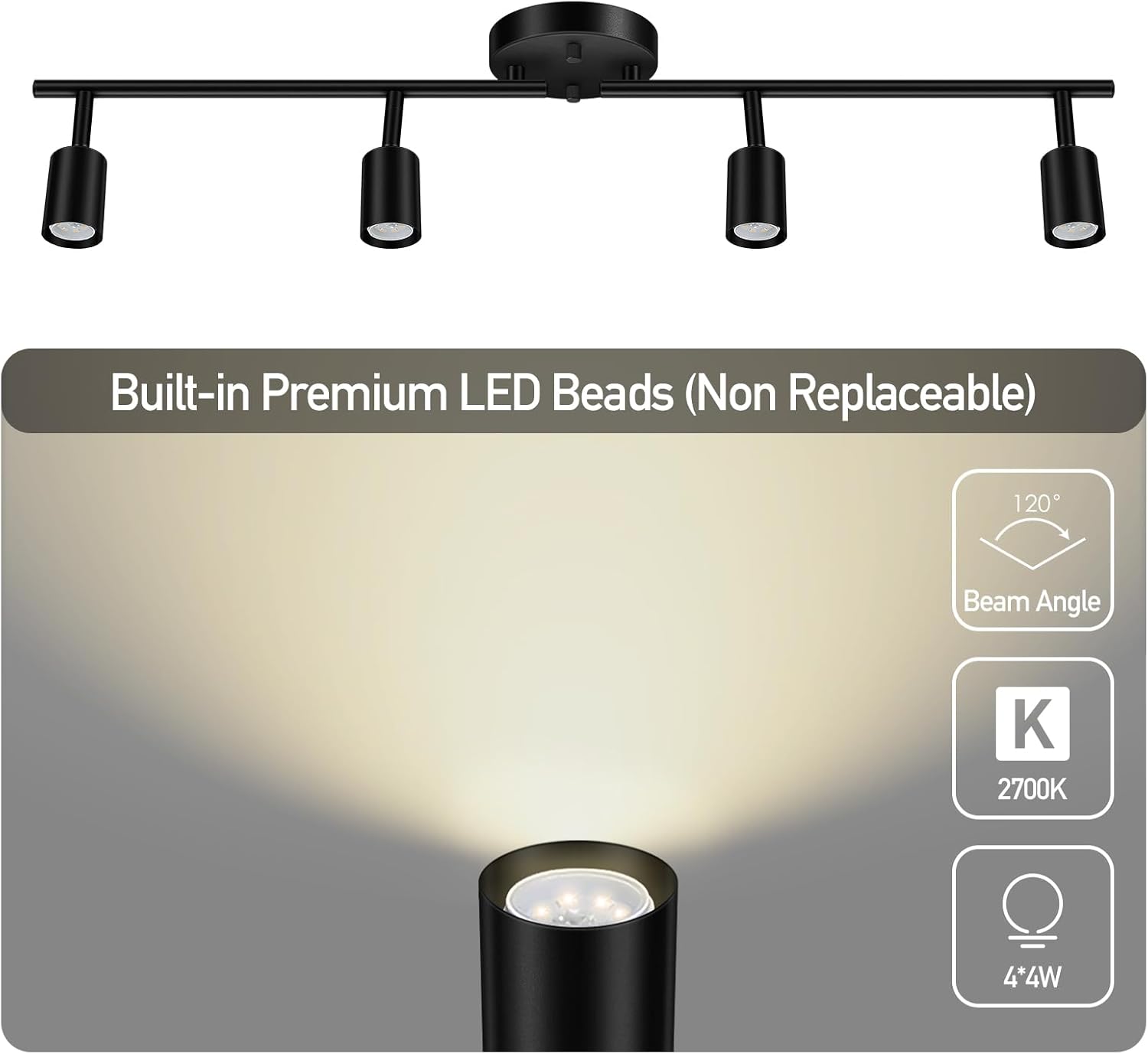 BoostArea 4 Light Track Lighting Kit 16W LED Black with Acrylic Bubble Lampshade
