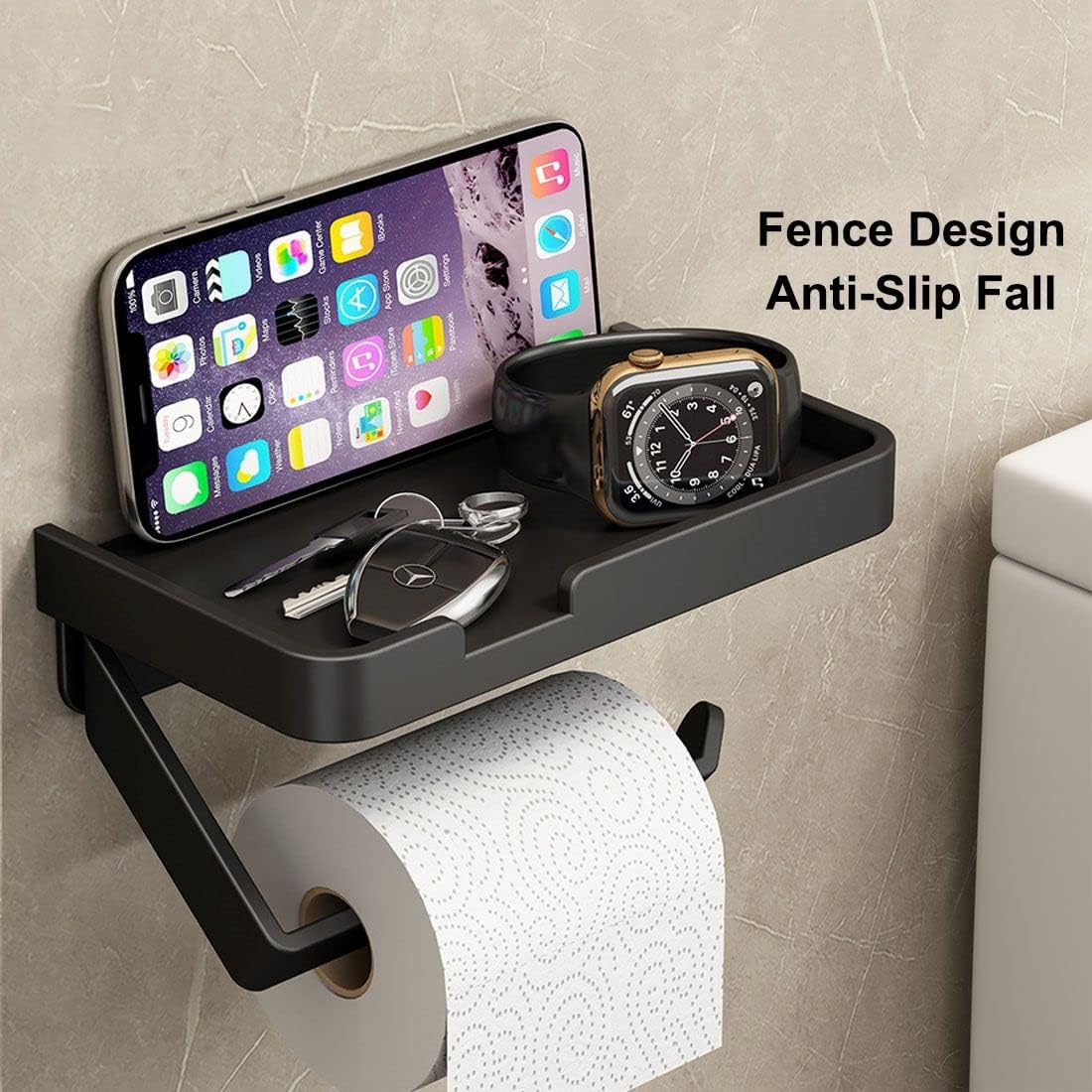 BOJOHREO Black Toilet Paper Holder with Shelf and Storage