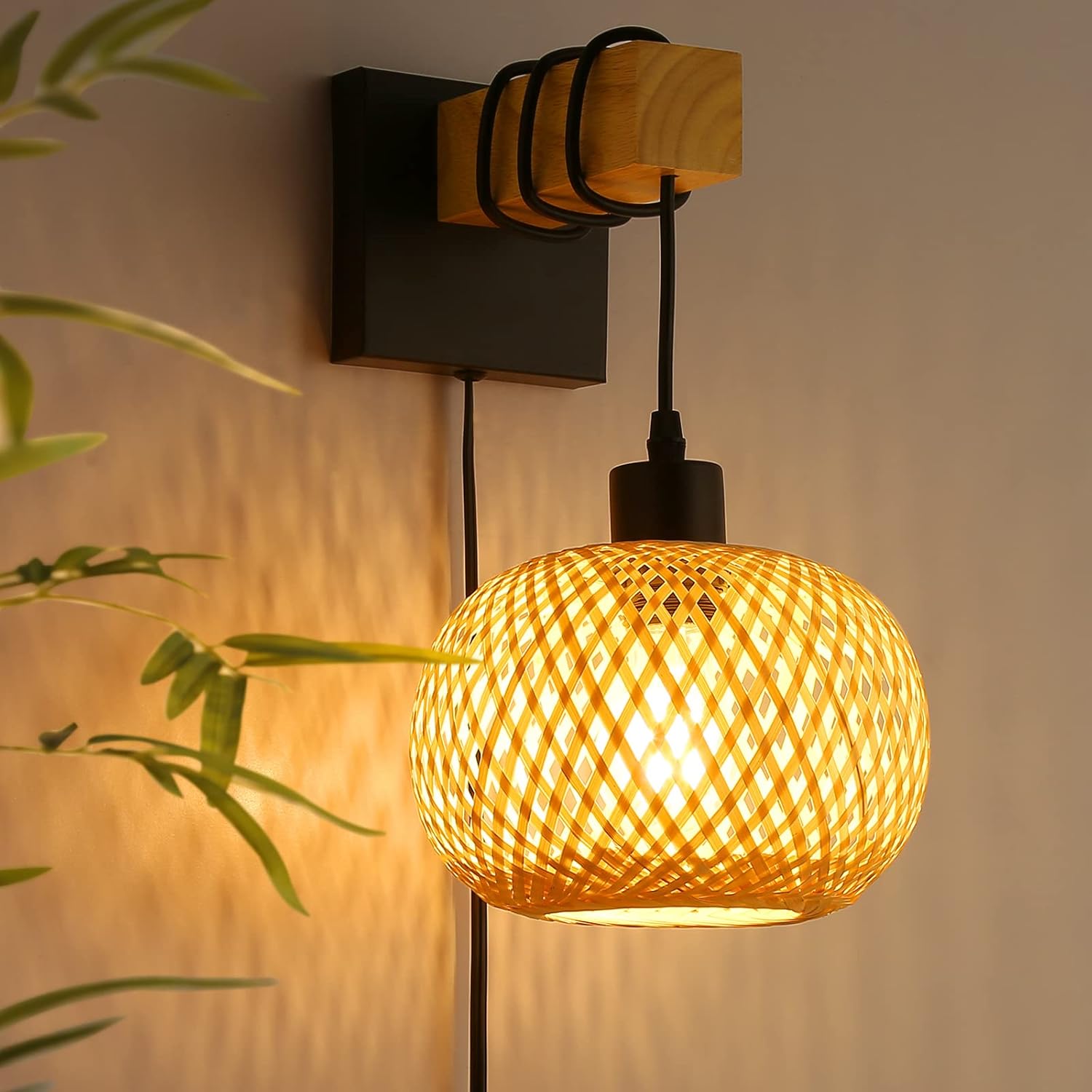 Farmhouse Rattan Wall Sconce with Bamboo Shade and Wood Beam