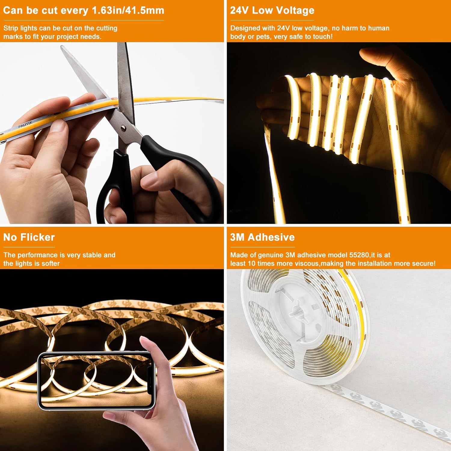 PAUTIX Dimmable 2700K Warm White COB LED Strip Light 504LEDsm