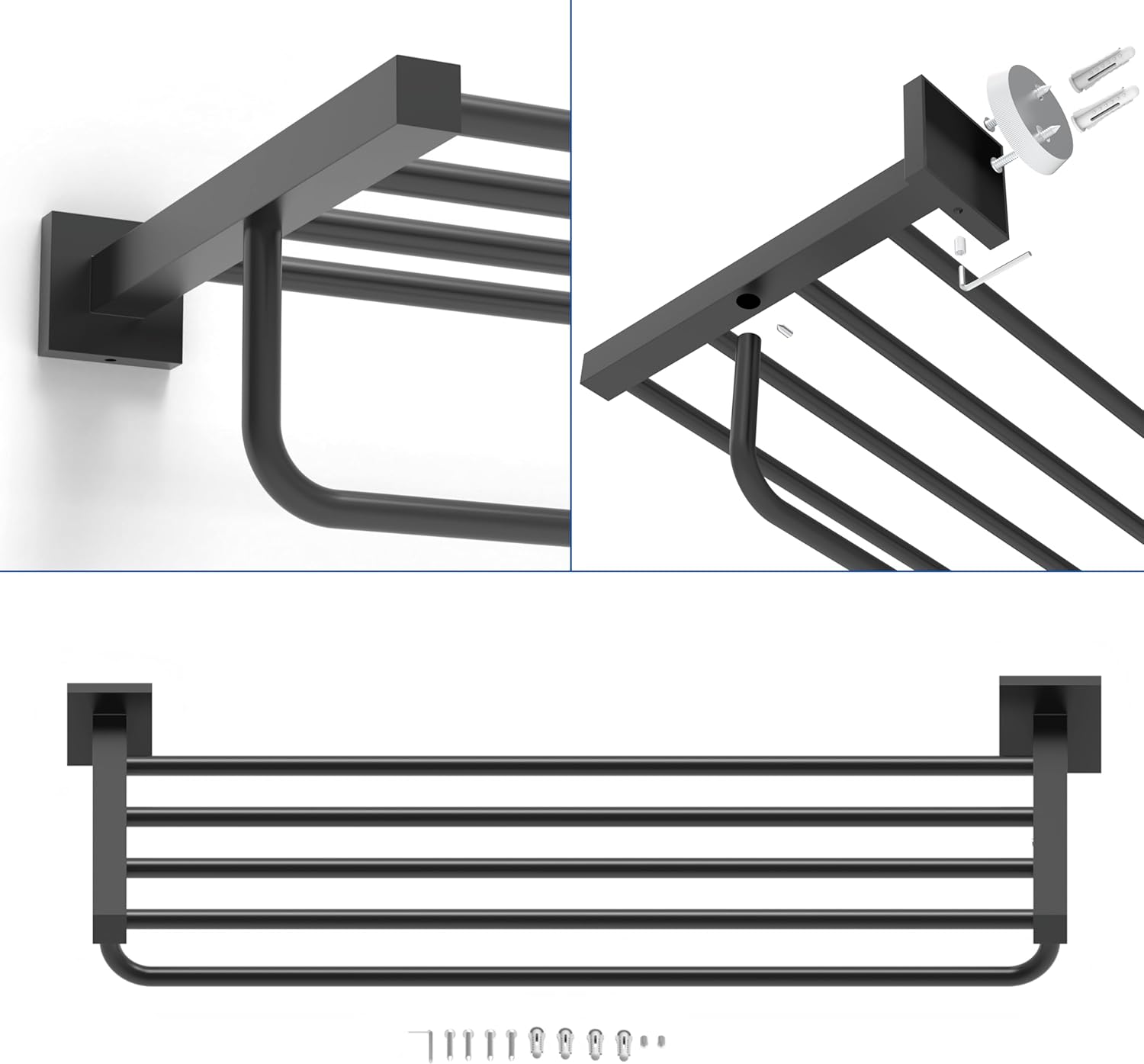 RUACQ 24inch Matte Black Towel Rack for Bathroom