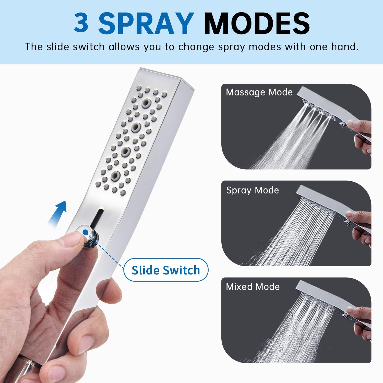G-Promise All Metal Square 3-Mode Handheld Shower Head