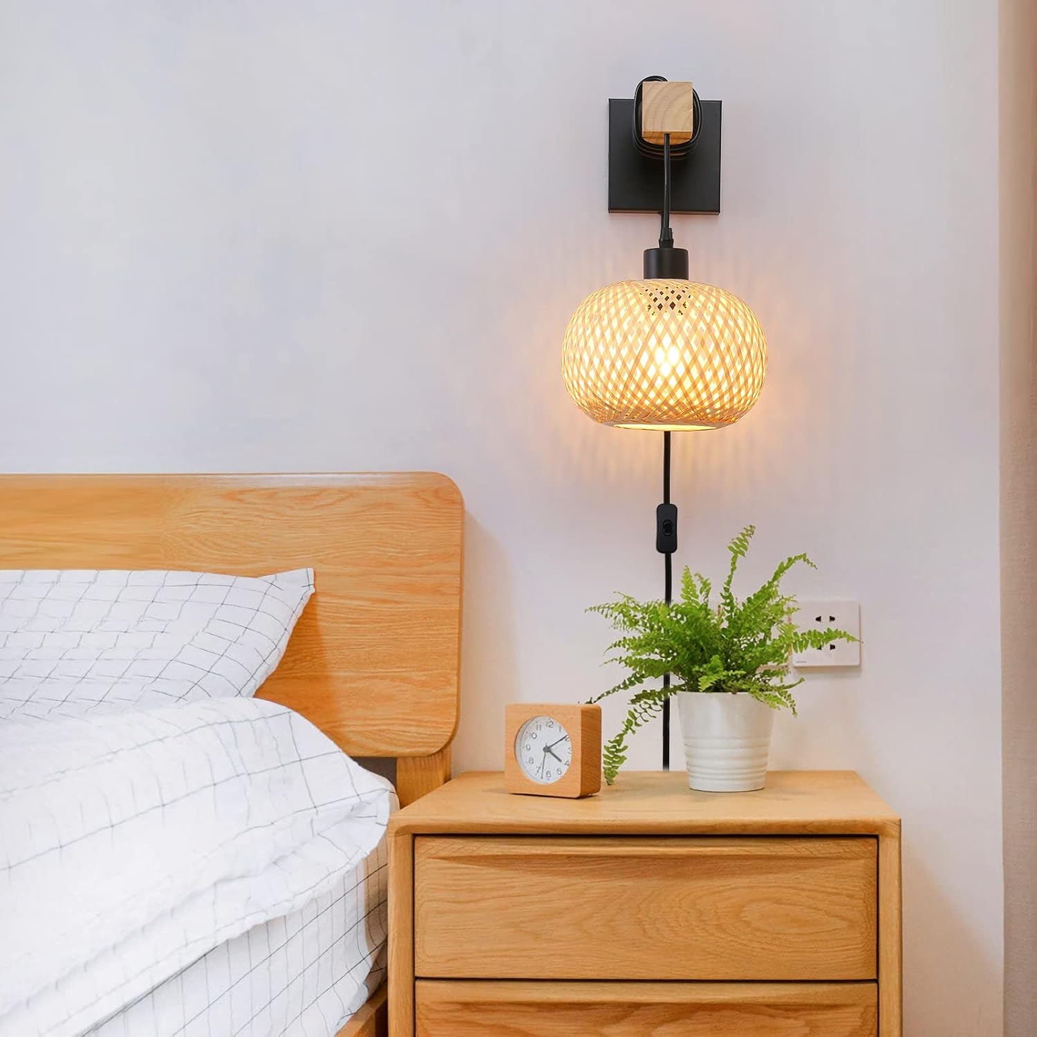 Farmhouse Rattan Wall Sconce with Bamboo Shade and Wood Beam