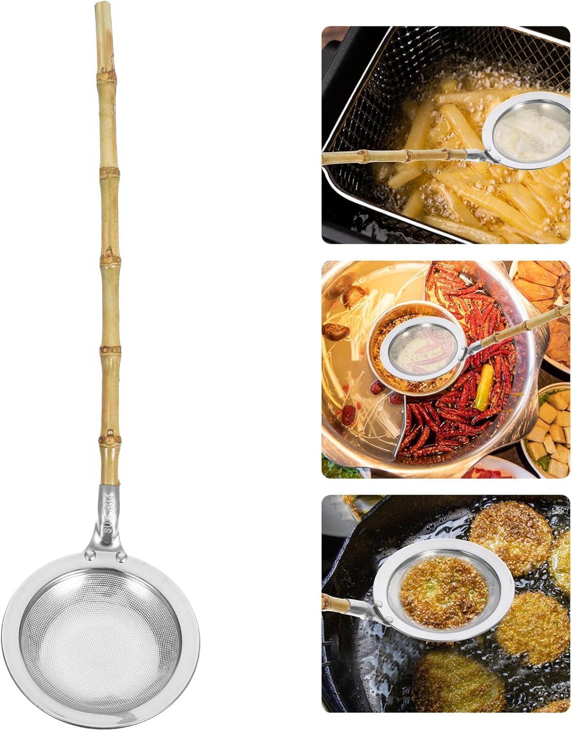 Amosfun Fat Skimmer Stainless Steel Strainer Ladle with Bamboo Handle