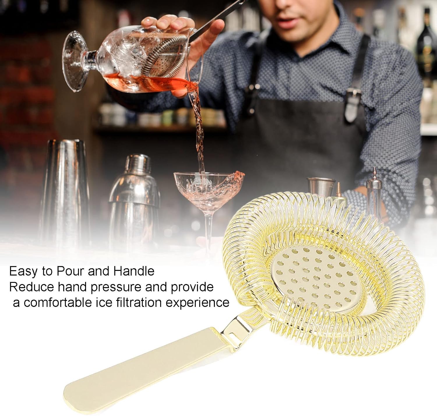 Stainless Steel Cocktail Strainer with Removable Spring 8x37in Gold
