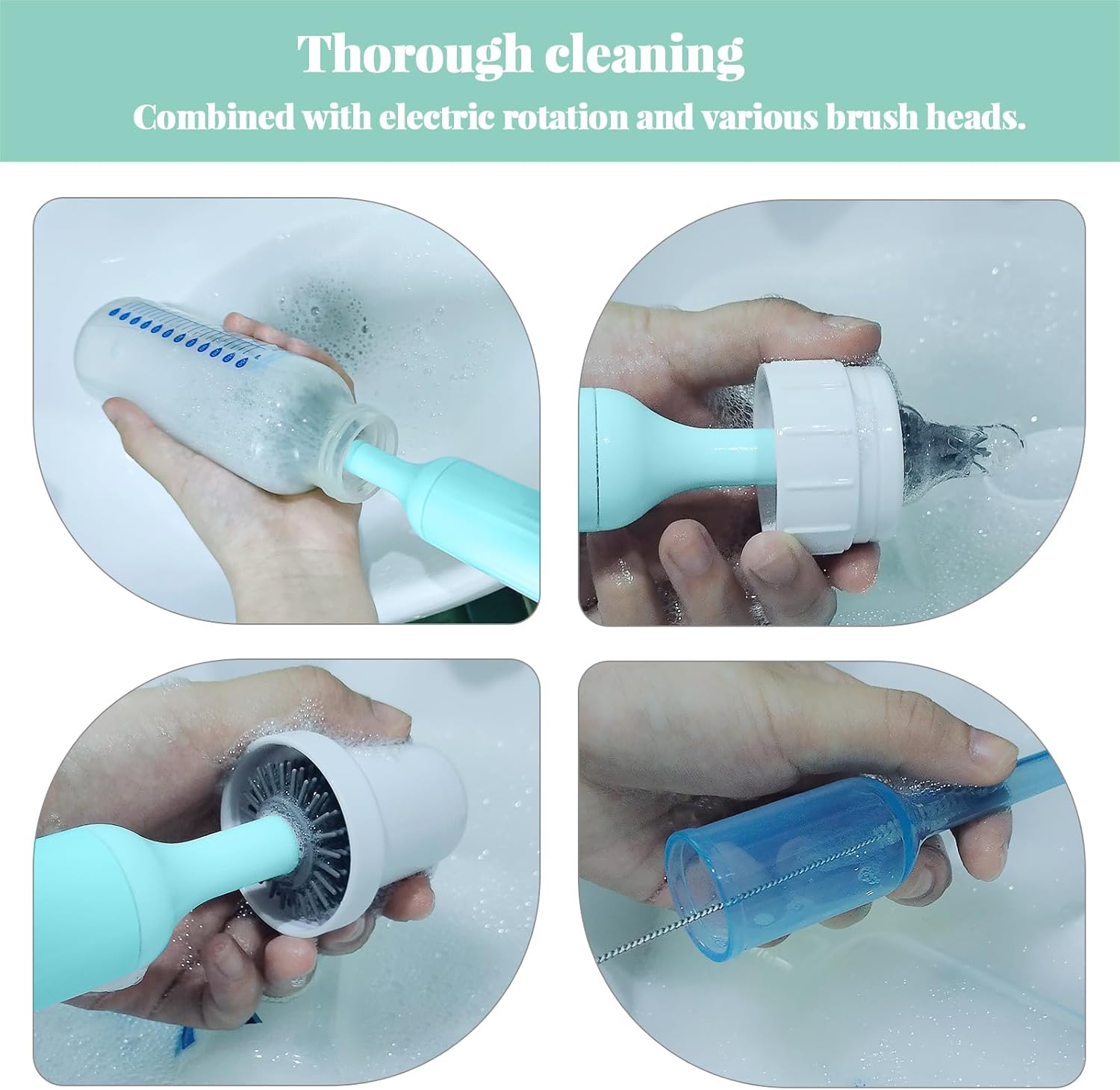 Electric Bottle Brush Cleaner with USB Rechargeable and 3 Replaceable Silicone Brushes Blue